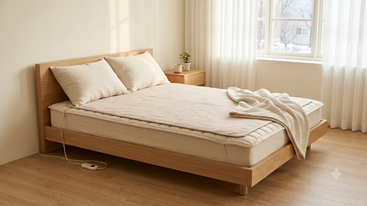 An electric mat spread flat on a wooden bed with the controller on the floor