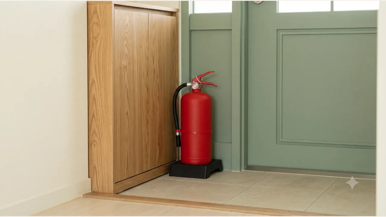 A red fire extinguisher standing on a low black base next to a wooden entryway cabinet and a sage-colored door