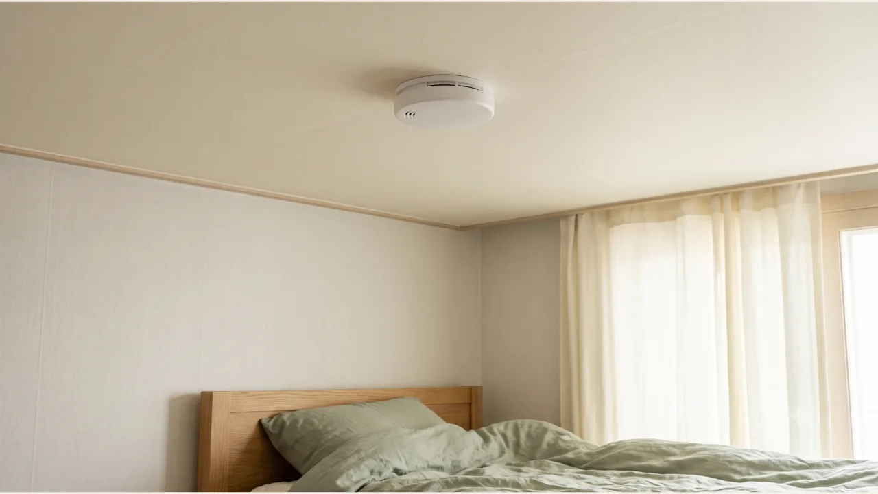 A white round detector attached to the ceiling of a small bedroom with a wooden bed and sage-colored bedding