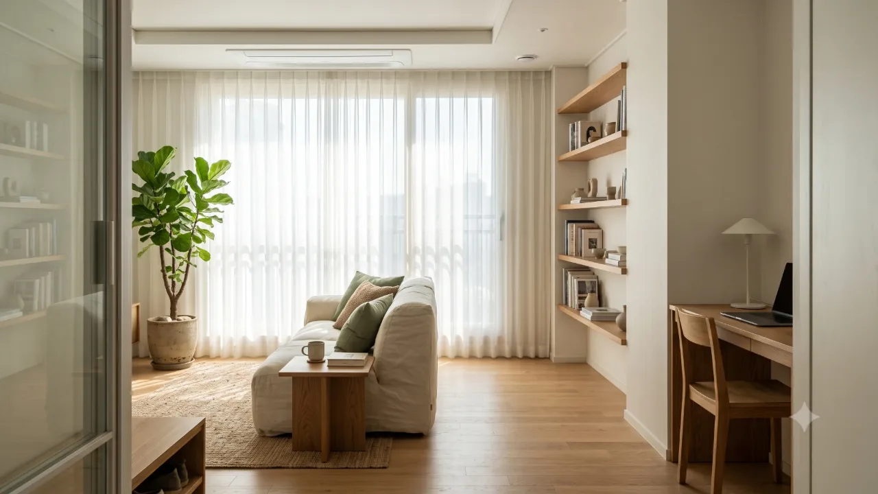 A sunlit small apartment living room with a sofa, wooden shelves, and a desk against the wall