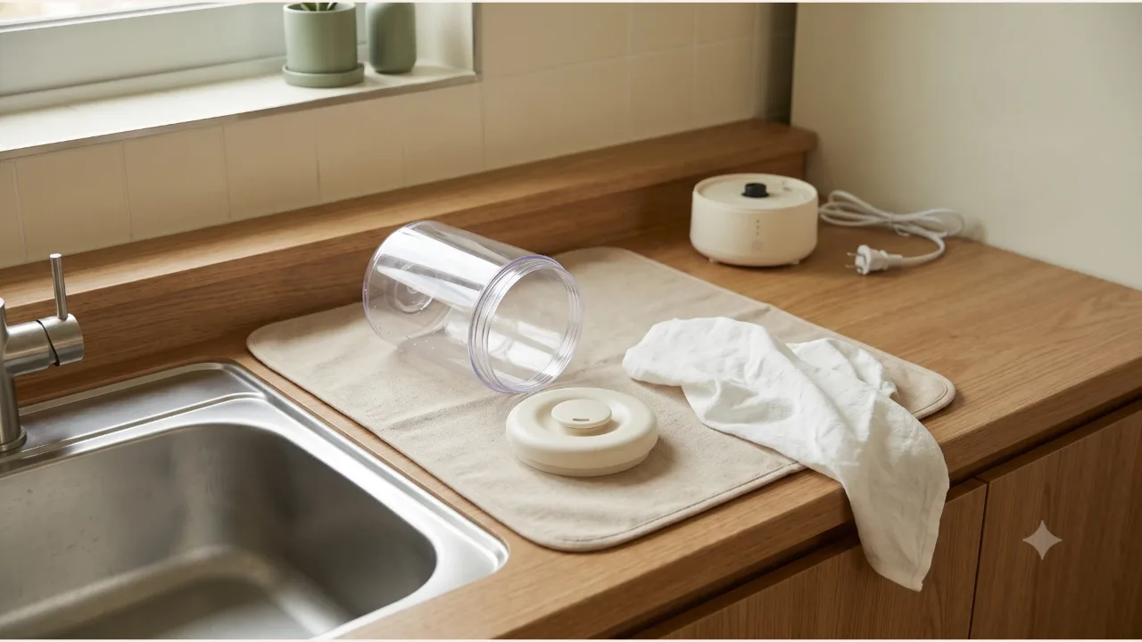 A clear humidifier water tank and lid taken apart on a drying mat beside the sink, with the unplugged main unit behind them