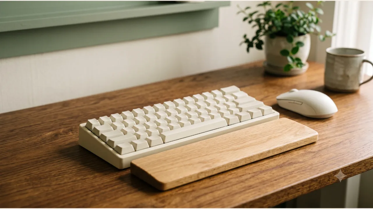 A wooden wrist rest in front of a keyboard with no lettering on the keys, with a mouse beside it on a wooden desk