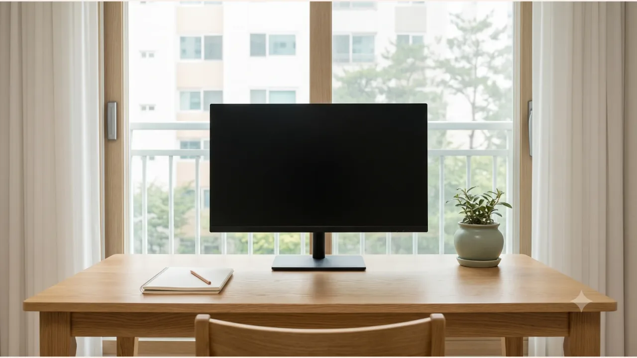A powered-off slim-bezel monitor on an oak desk by a window, with a blank notebook and pencil on one side and a small potted plant