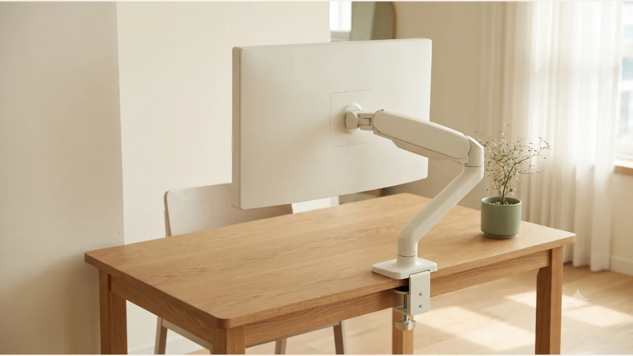 A white monitor arm clamped to the edge of a wooden desk, supporting the back of a white monitor, with a small potted plant on the desk