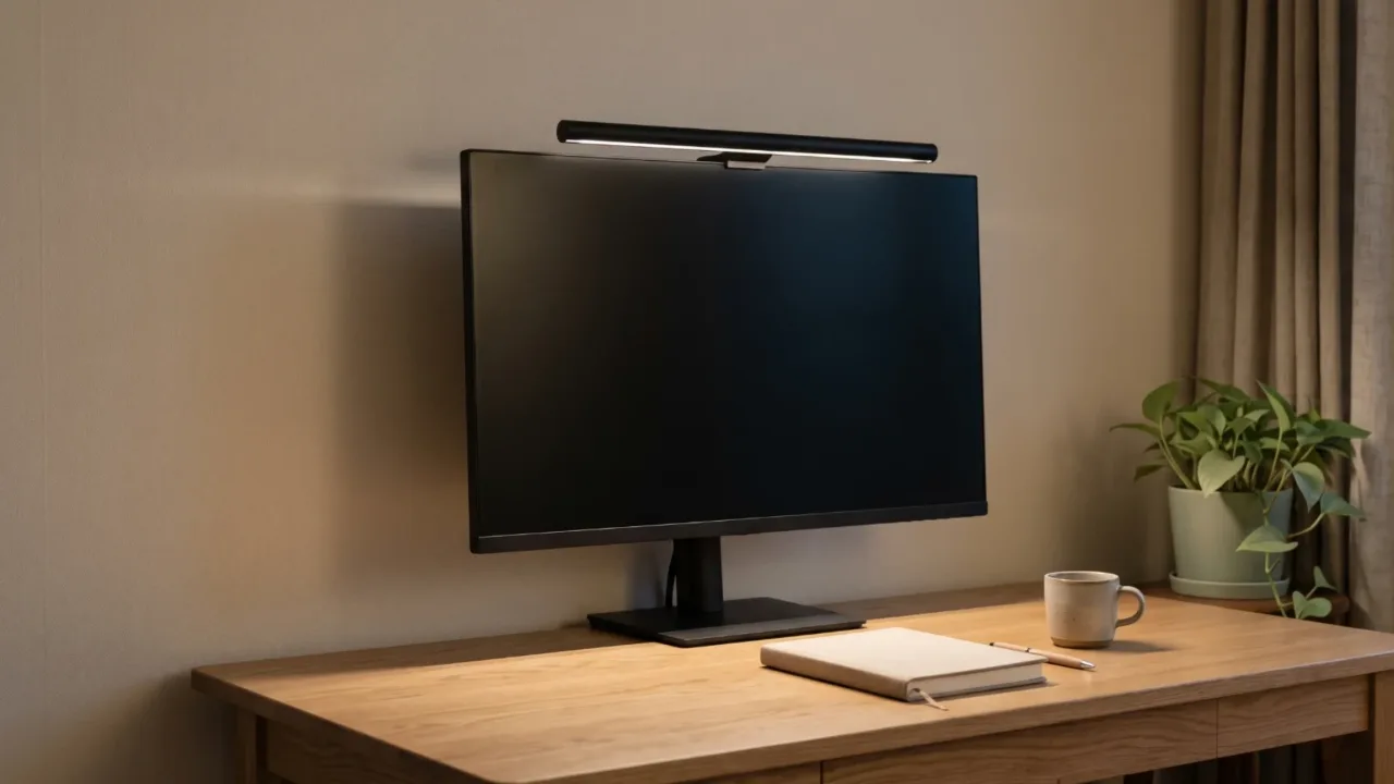 A bar-type light hung on top of a monitor lighting the front of a wooden desk in a small room in the evening