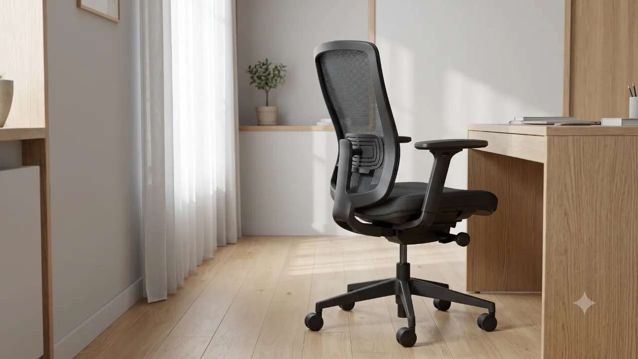 A mesh office chair with adjustable backrest and armrests at a wooden desk