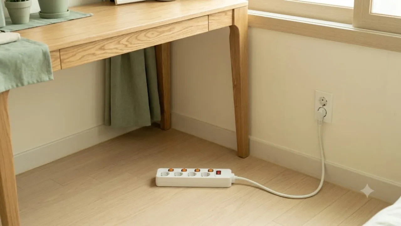 A power strip with individual switches plugged into a wall outlet, with a white power cord