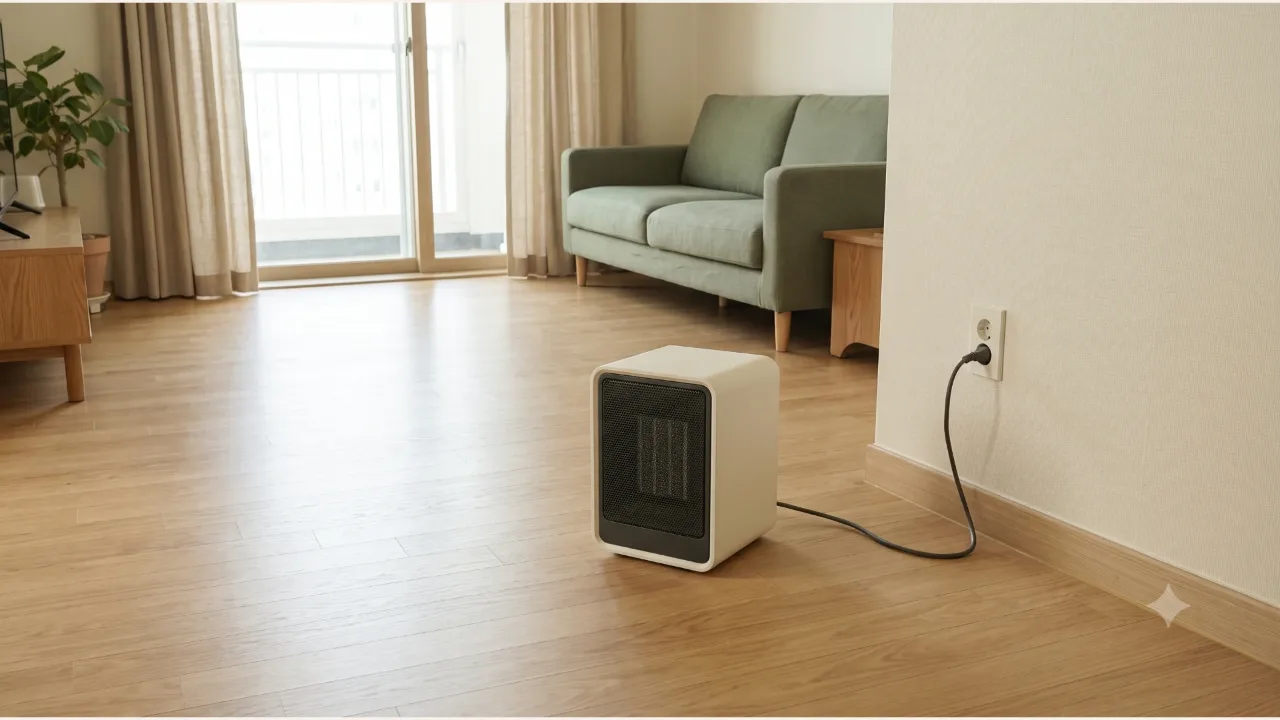 A cream electric heater on bare wooden floor in a small living room, with its power cord running to a wall outlet