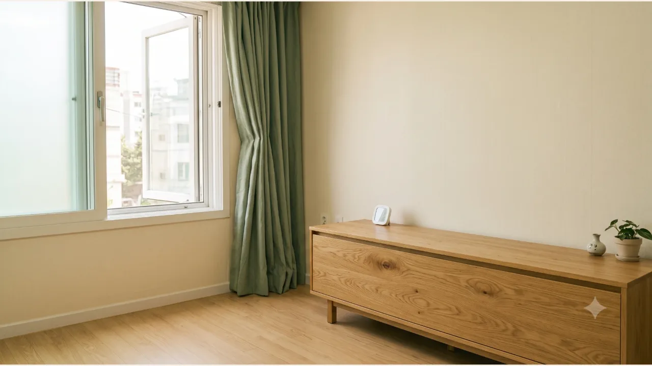 A white thermo-hygrometer and a small potted plant on a low oak cabinet beside an open window and a sage-colored curtain