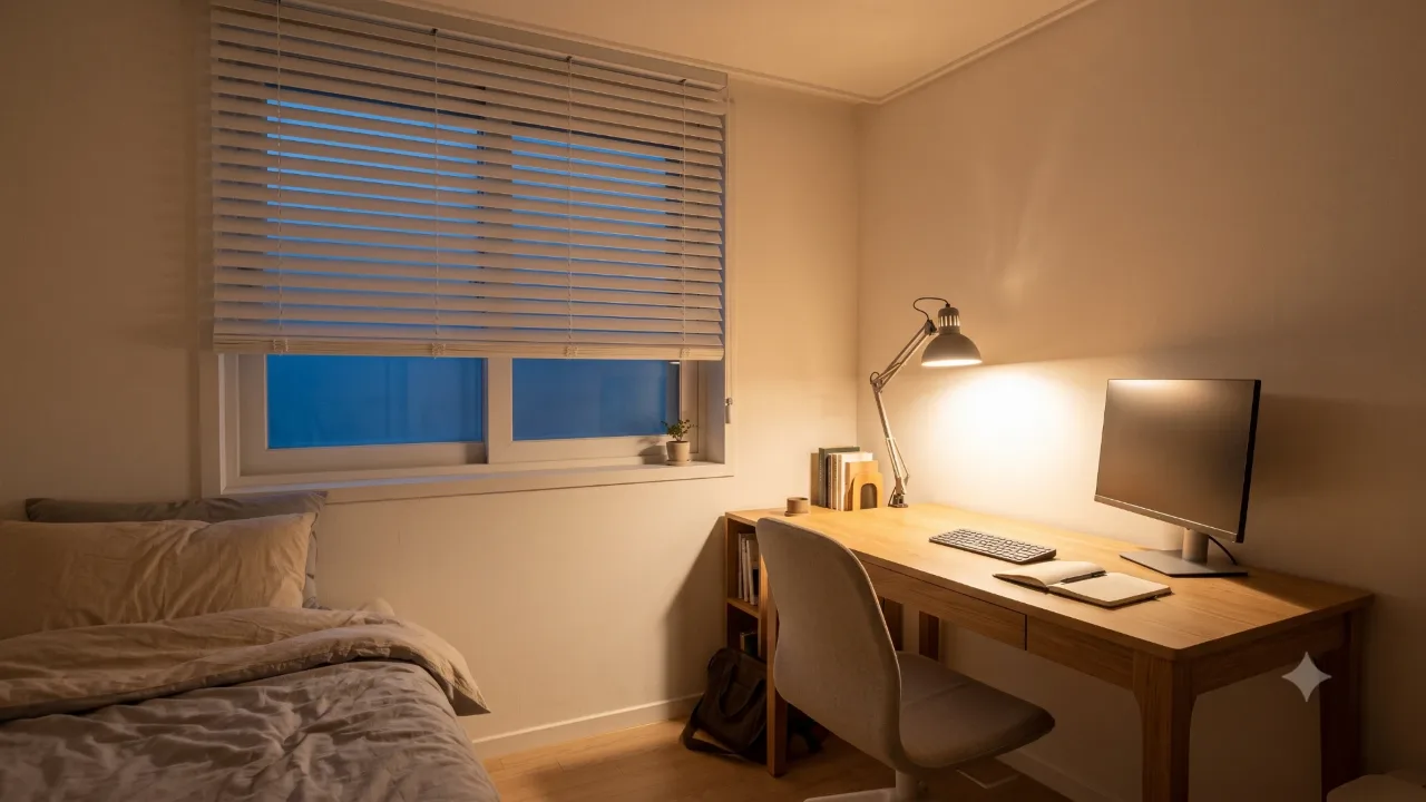 A small room in the evening with a lamp lighting the desk next to a monitor and the blinds halfway down
