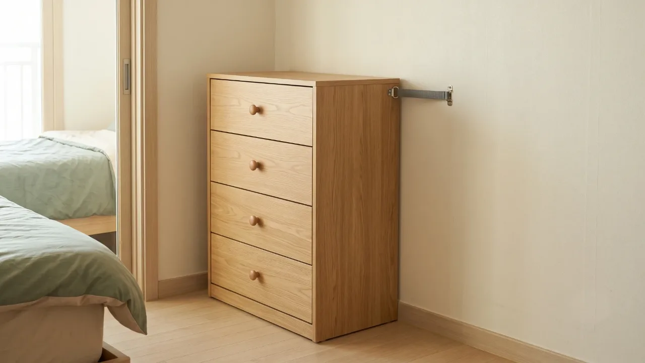 A four-drawer oak chest of drawers against a bedroom wall, with a gray anti-tip strap running from near the top of the chest to a wall bracket