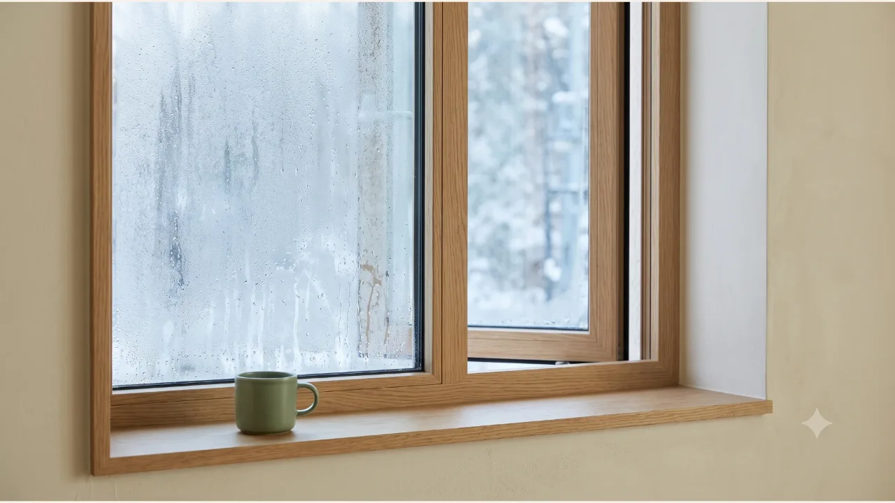 A window on the left with water droplets on the glass, and a sage-colored mug on a wooden sill beside a slightly open window on the right