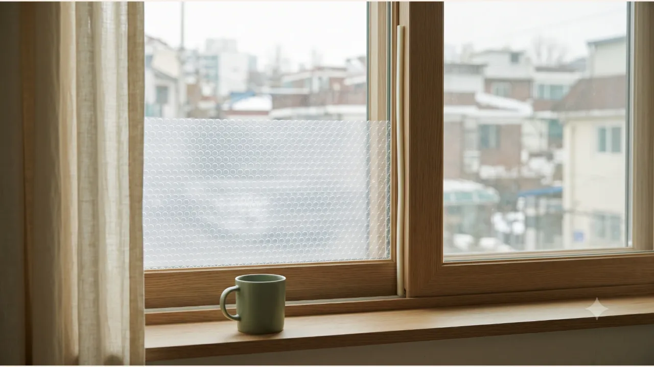 On the left half of a wooden window frame, bubble wrap on the lower half of the glass, a white strip between the frames, and a sage-colored mug by the window