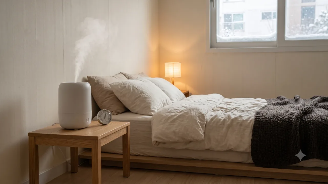 A humidifier steaming on a nightstand beside the bed on a snowy day, with a small hygrometer next to it