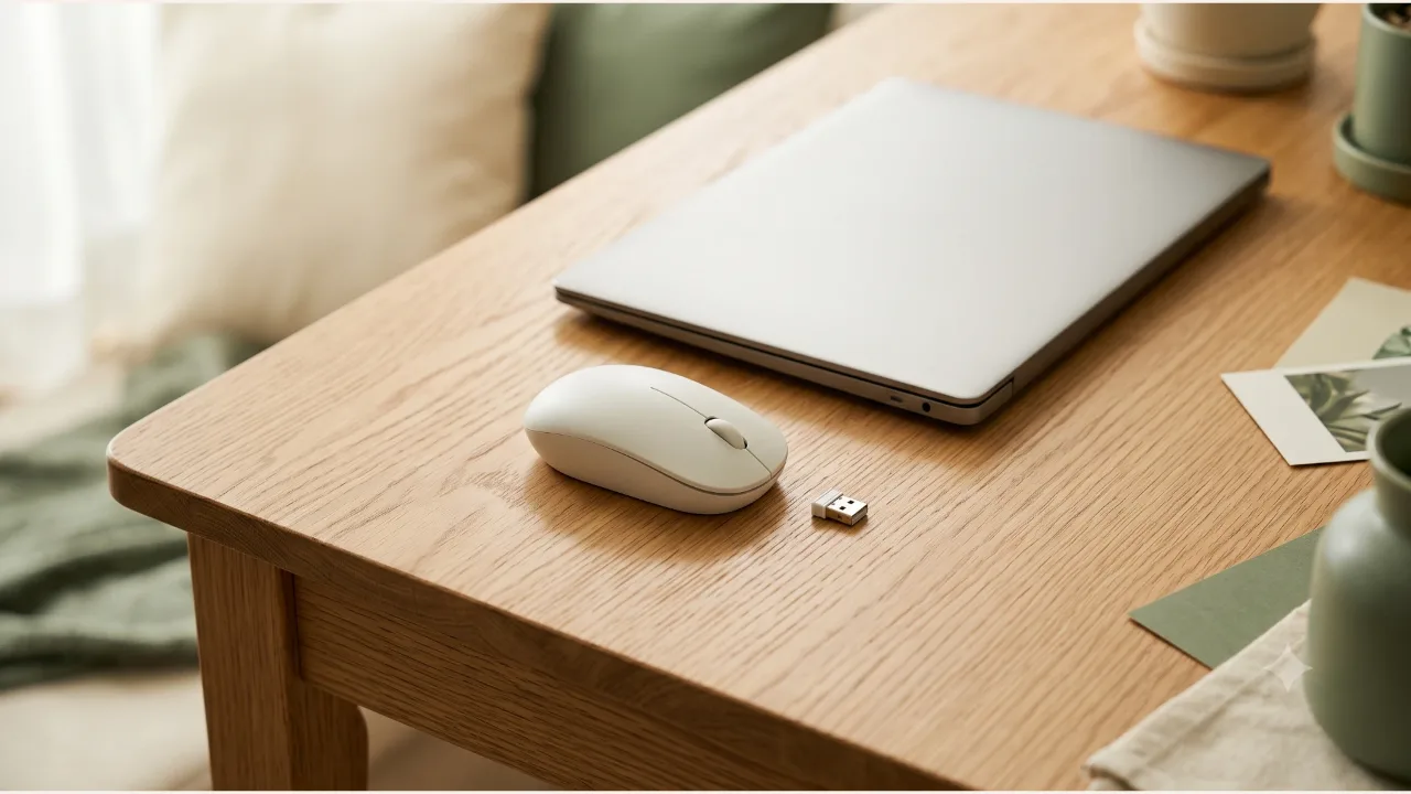An off-white wireless mouse, a small USB receiver, and a closed laptop on an oak desk